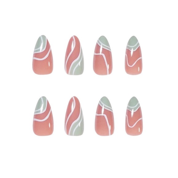 Pink and Green Abstract Art Press on Nails| pink coffin nails| green coffin nail - Picture 2 of 2